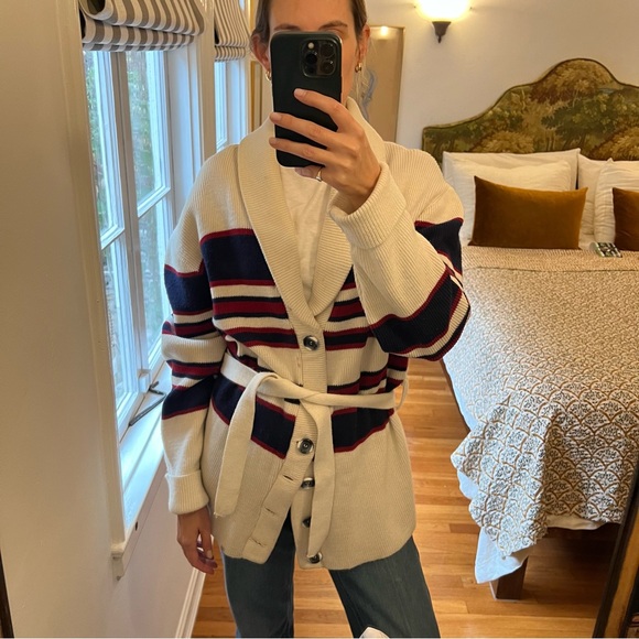Vintage 1970s Shawl Collar Striped Belted Cowichan Wrap Sweater Cardigan - Picture 3 of 12